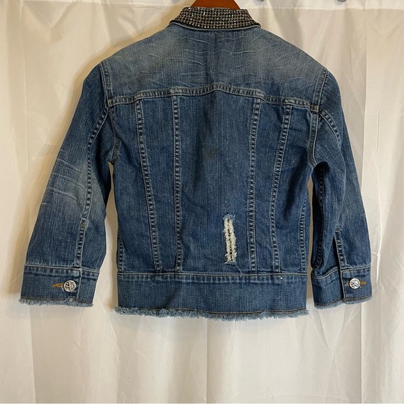 ALLEN B Women’s Jeweled Distressed Jean Jacket Cropped Sleeves Size Small - Picture 13 of 16